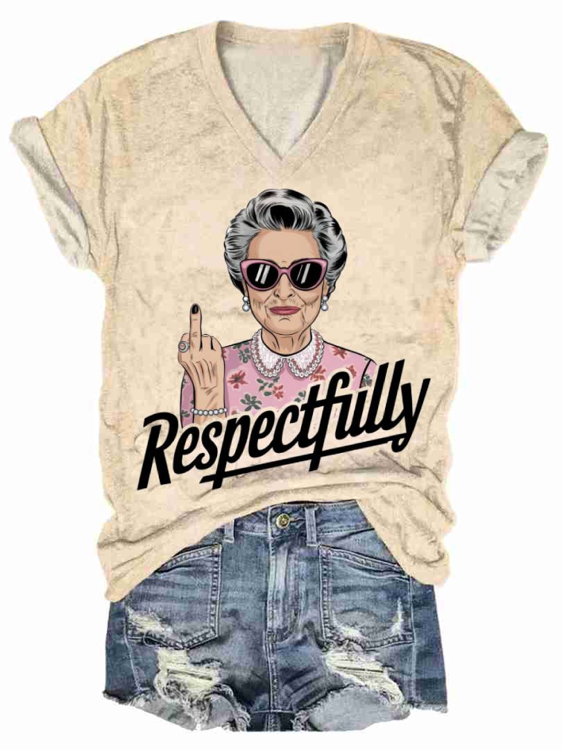 Women's Vintage Funny Print V-Neck T-shirt