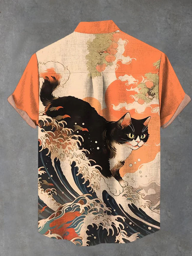 Ukiyo-E Japanese Style Waves And Huge Black Cat Printing Cotton Linen Short Sleeve Shirt