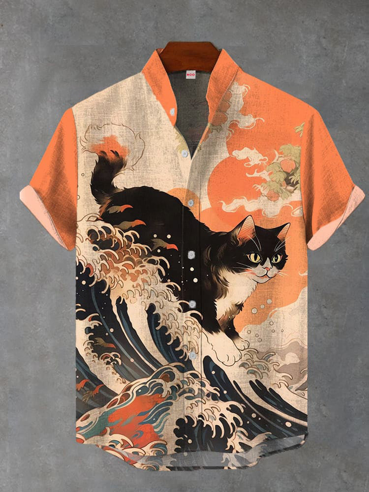 Ukiyo-E Japanese Style Waves And Huge Black Cat Printing Cotton Linen Short Sleeve Shirt