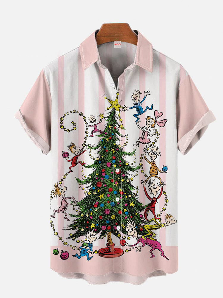 Cartoon Dwarfs Decorating The Christmas Tree Printing Short Sleeve Shirt