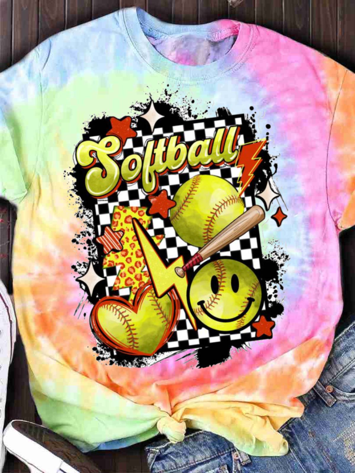 Women's Softball Print Crew Neck T-shirt