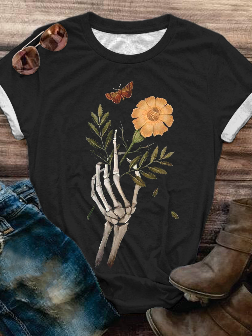 Skull Hand Butterfly Crew Neck T-Shirt