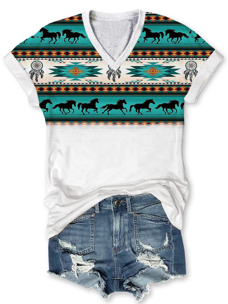 Western Check Blue and White Women's T-Shirt