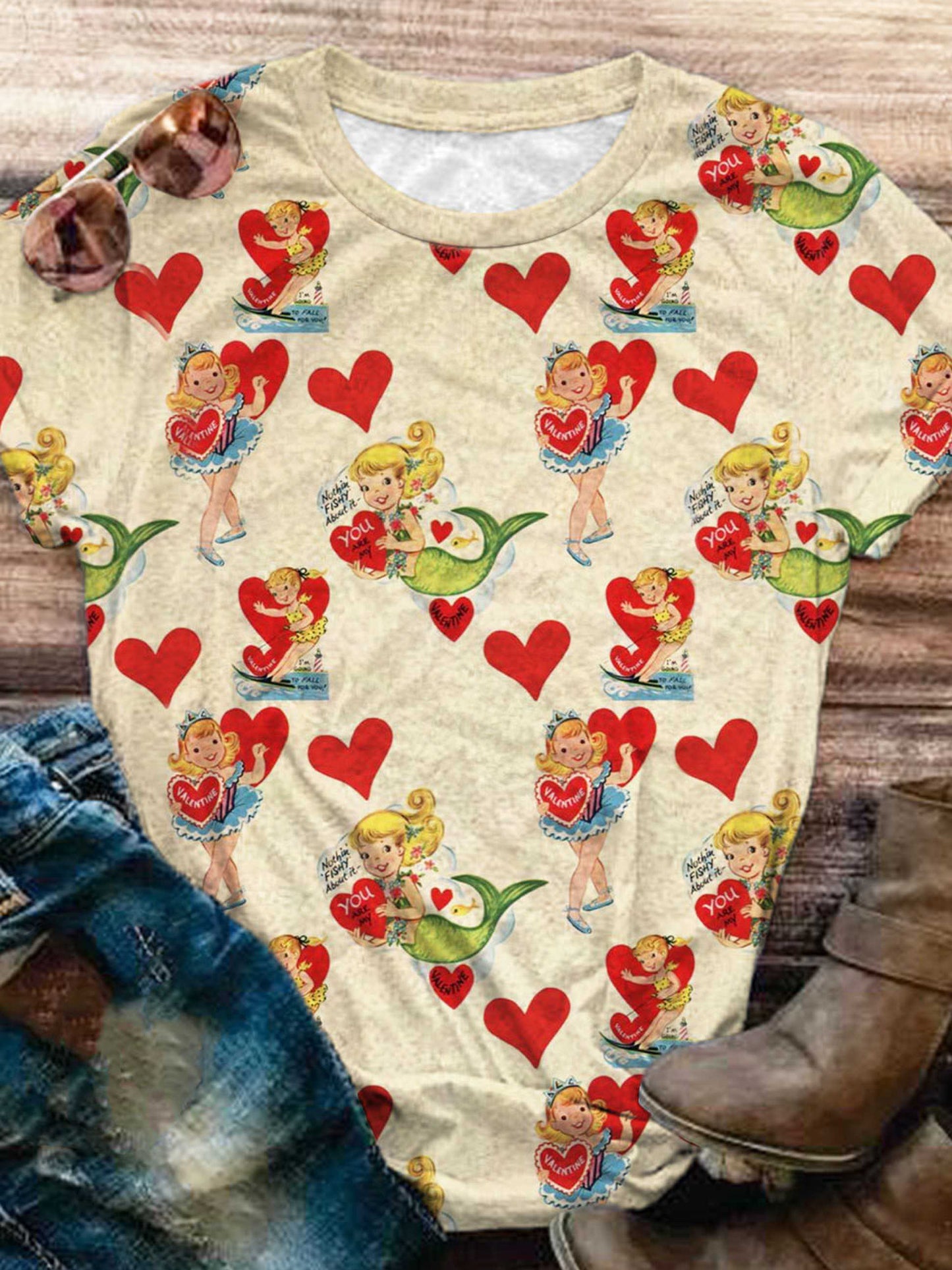 Valentine's Day Retro Girls Crew Neck T-Shirt