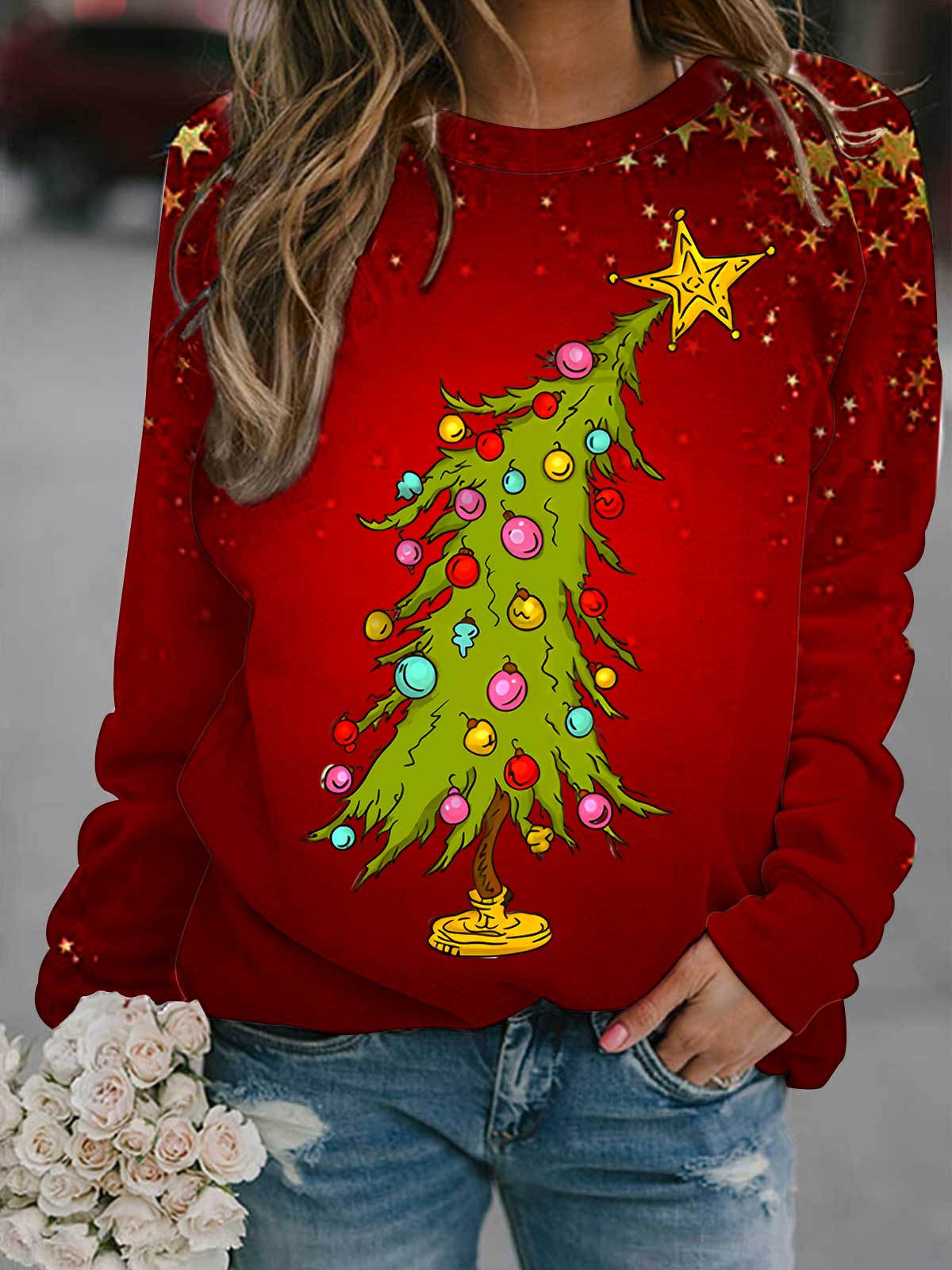 Women's Funny Christmas Tree Print Long Sleeve Top