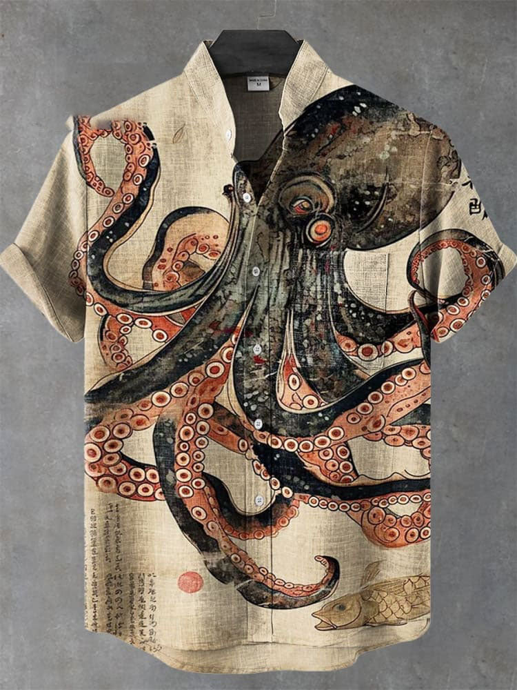 Vintage Fish Octopus Art Print Casual Shirt