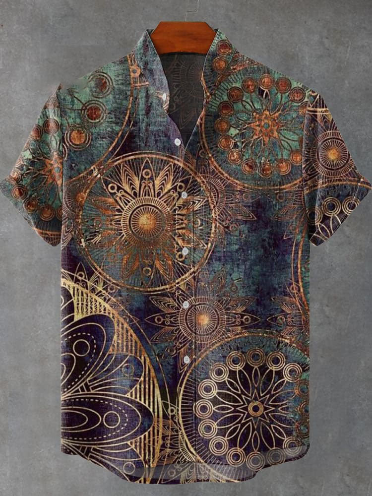 Gradient Background Dark Gold Printed Decorative Pattern Casual Shirt
