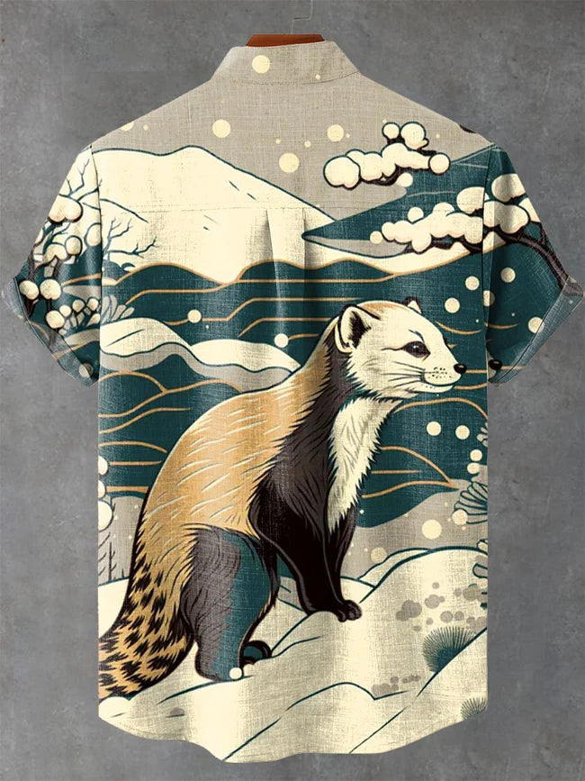 Vintage Japan Ukiyo-e Beaver Art Print Casual Shirt
