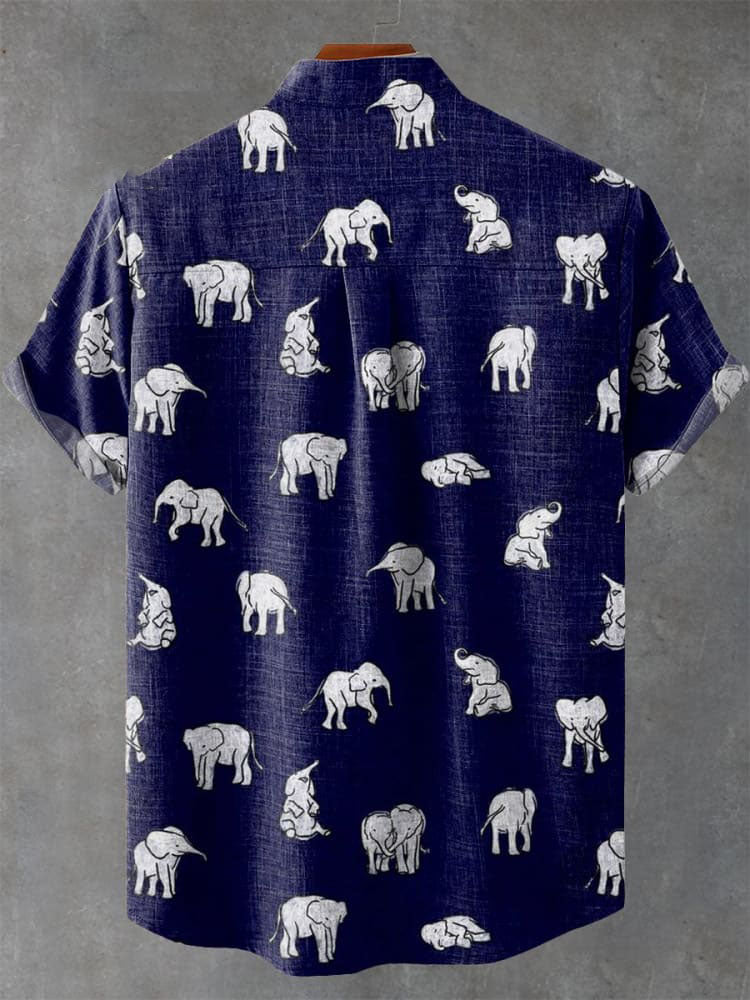 Navy Blue Ethnic Style Elephant Vintage Print Casual Shirt