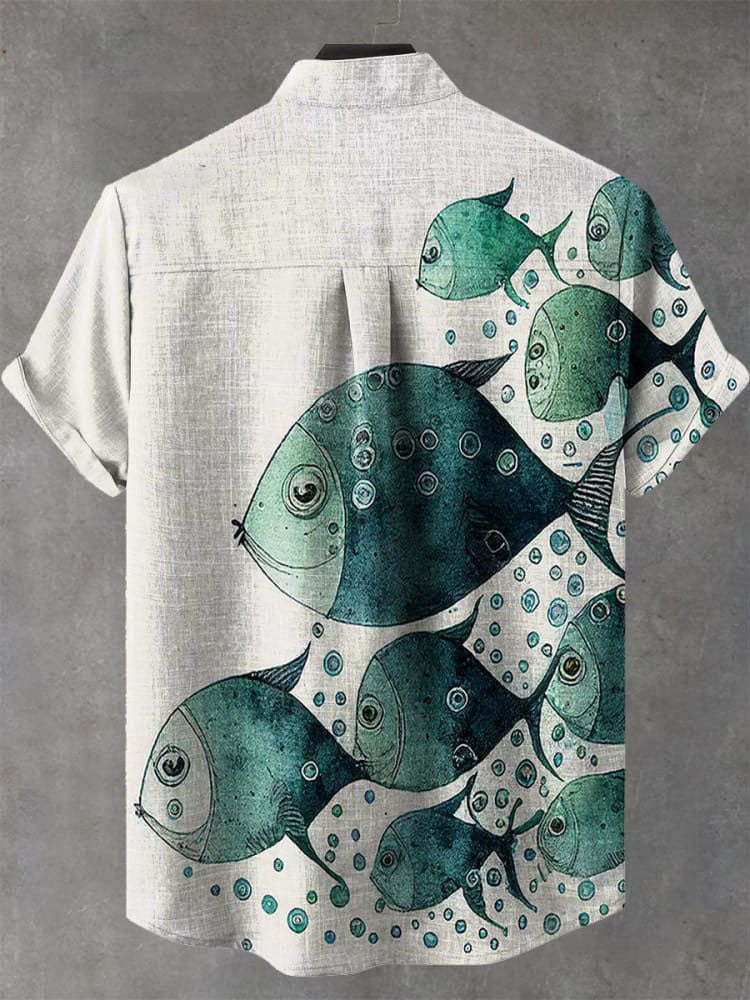 Vintage Fish Art Print Casual Shirt
