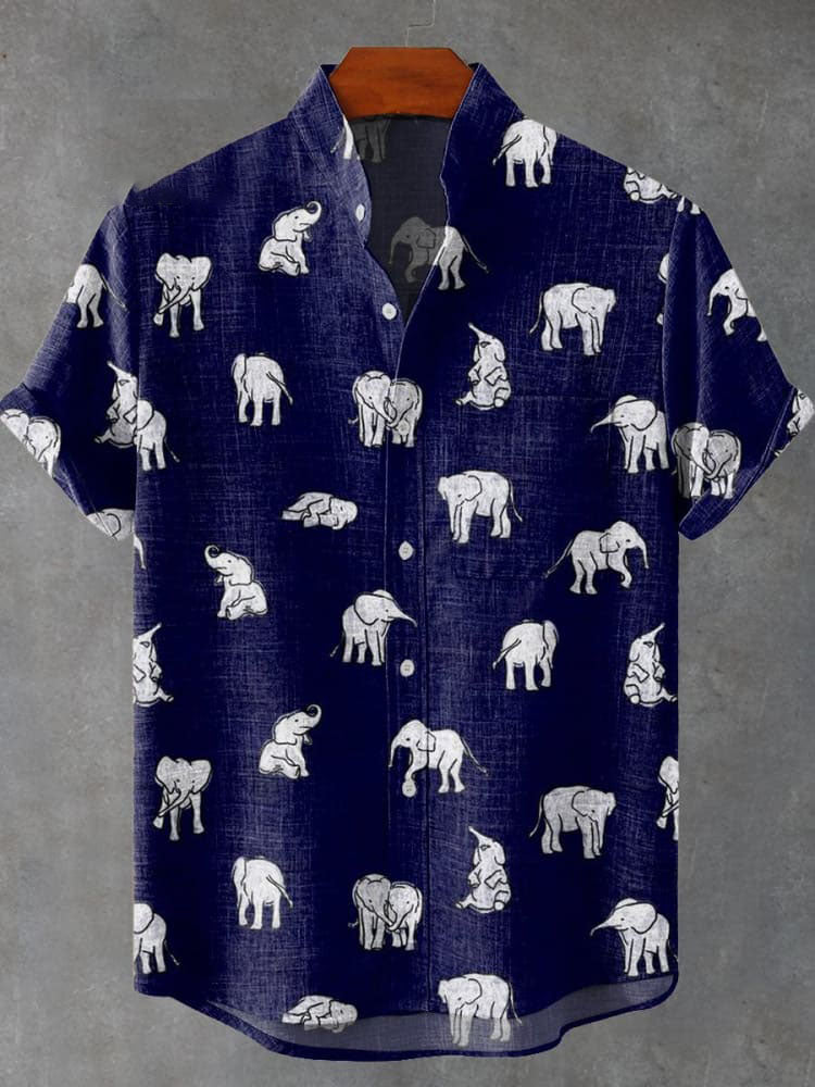 Navy Blue Ethnic Style Elephant Vintage Print Casual Shirt