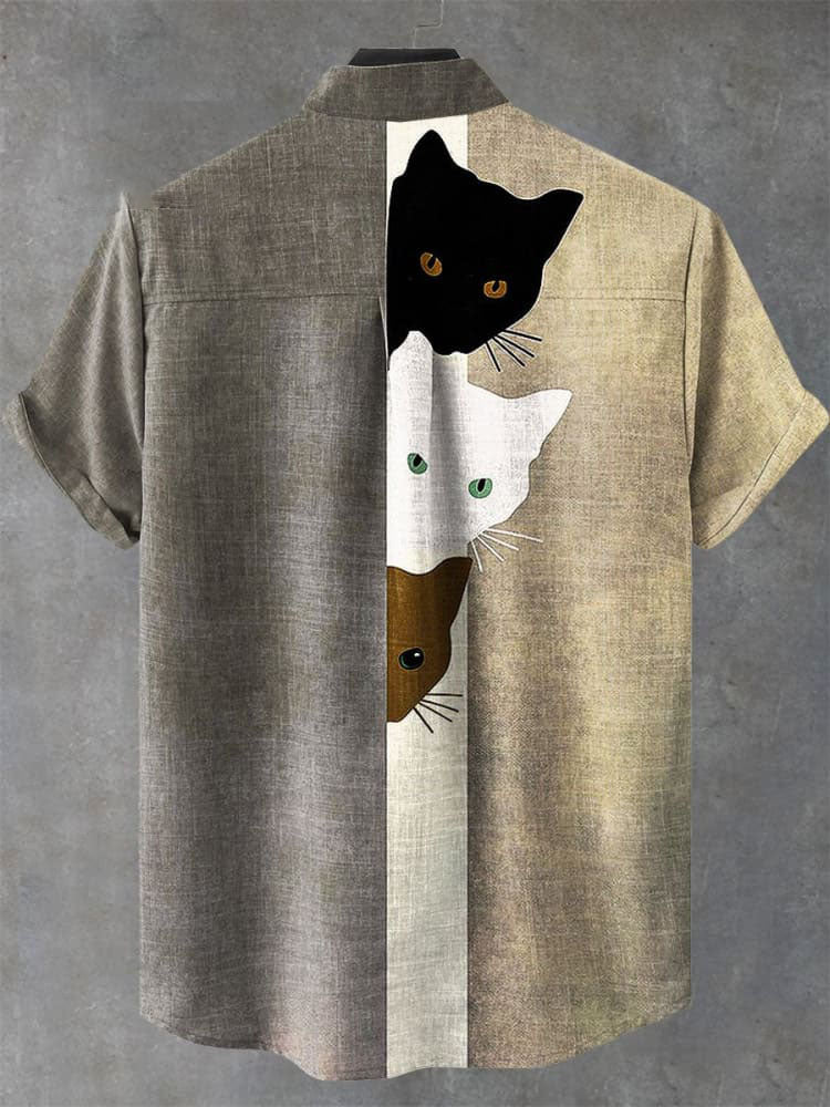Vintage Funny Black Cat Art Print Casual Shirt