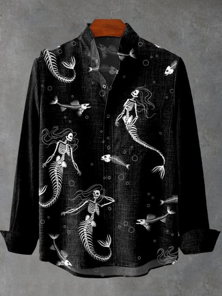 Mermaid Skeletons Vintage Print Casual Shirt