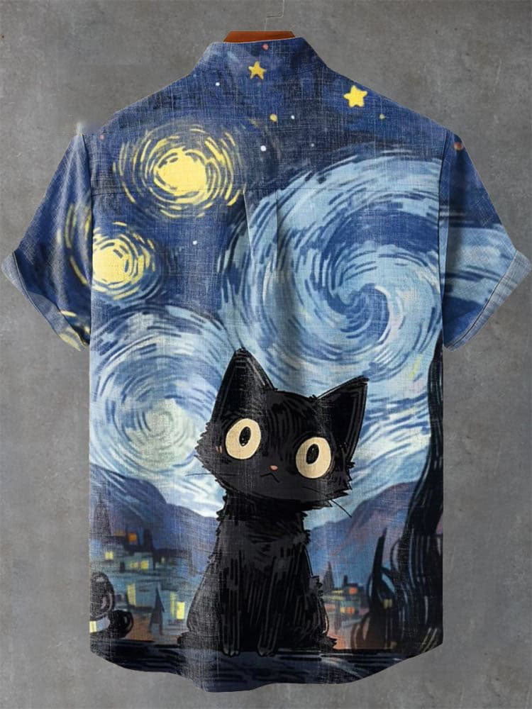 Cute Animal Black Cat Van Gogh Starry Sky Art Vintage Print Casual Shirt