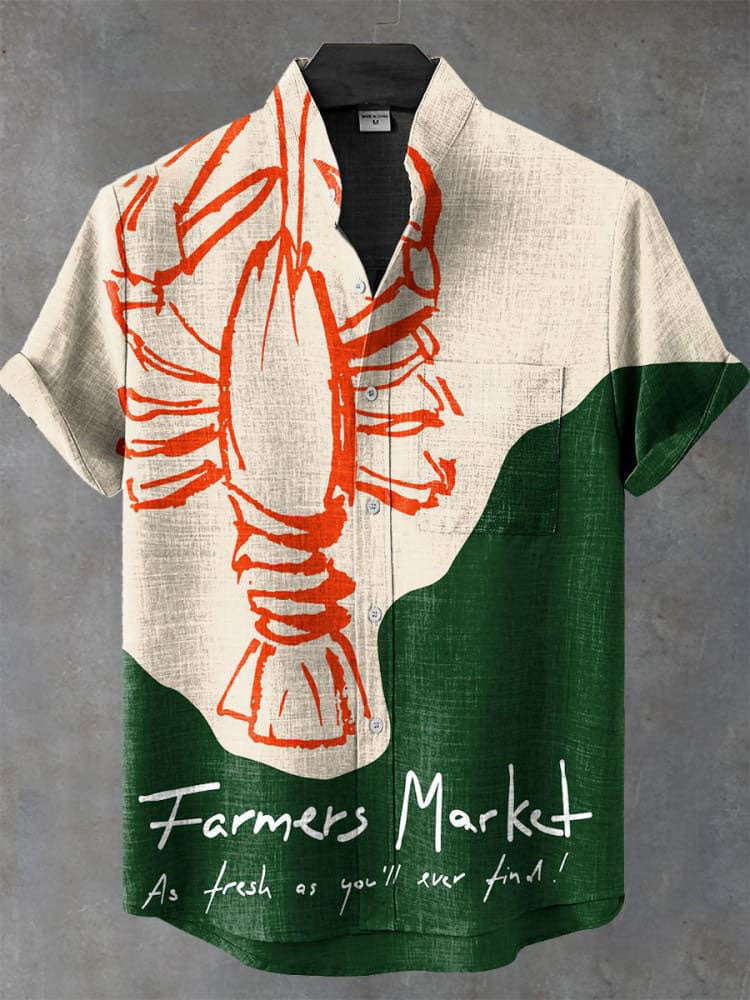 Vintage Fish Lobster Art Print Casual Shirt