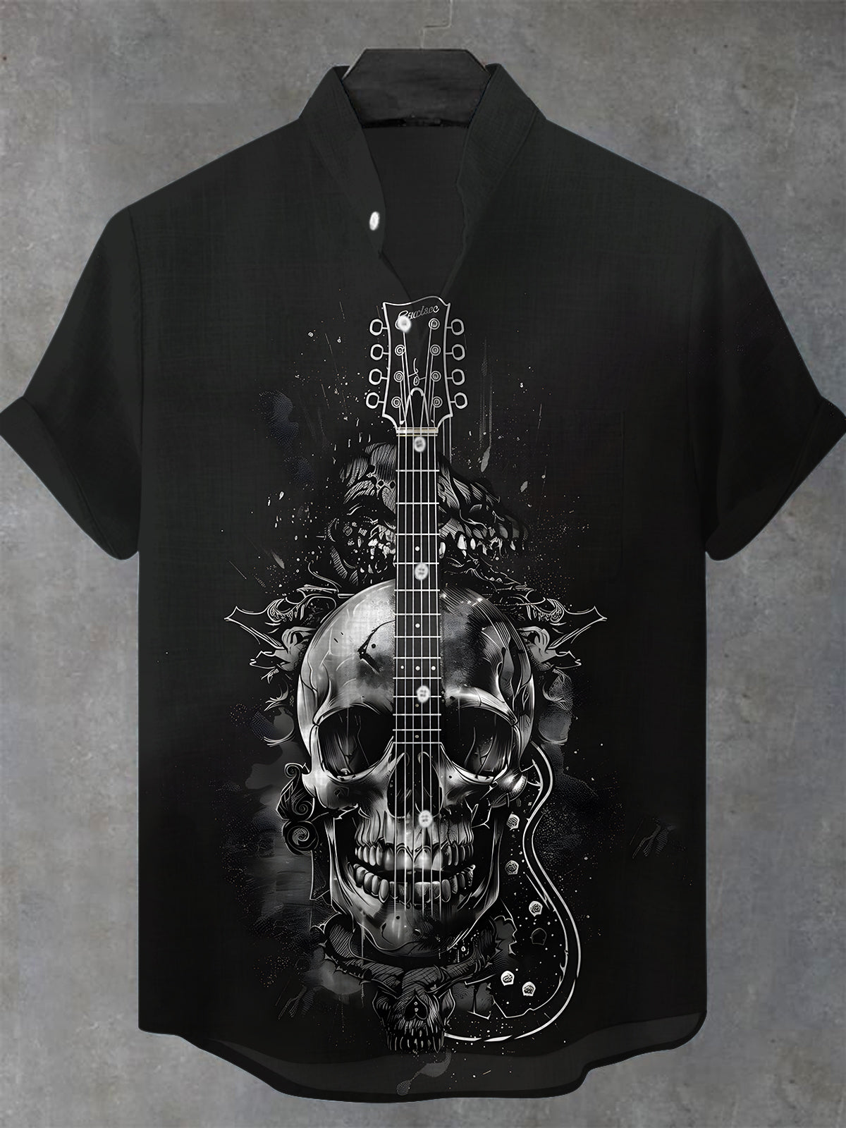 Skull Guitar Men's Pocket Short Sleeve Stand Collar Shirts