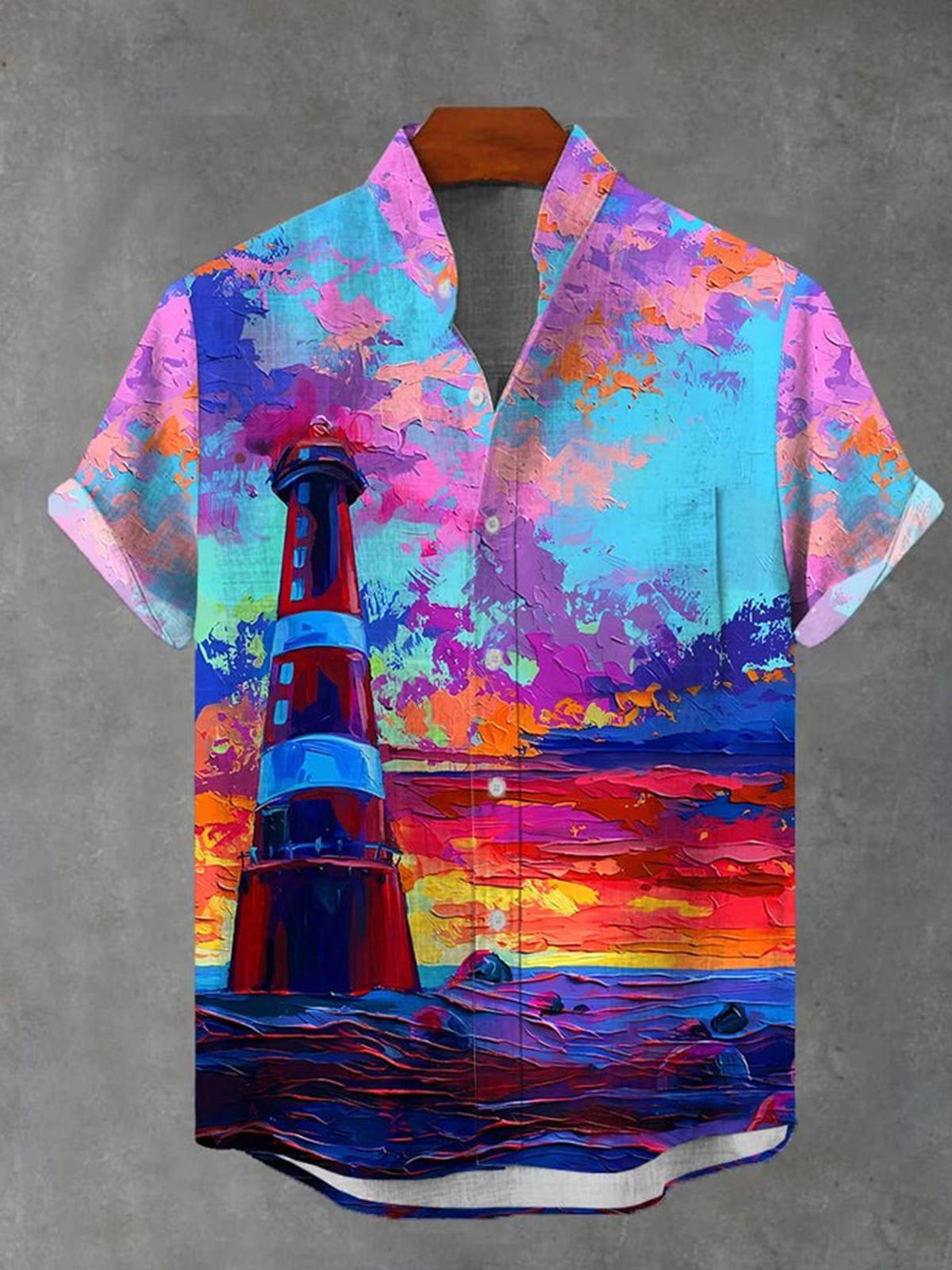 Lighthouse Men's Pocket Short Sleeve Stand Collar Shirts
