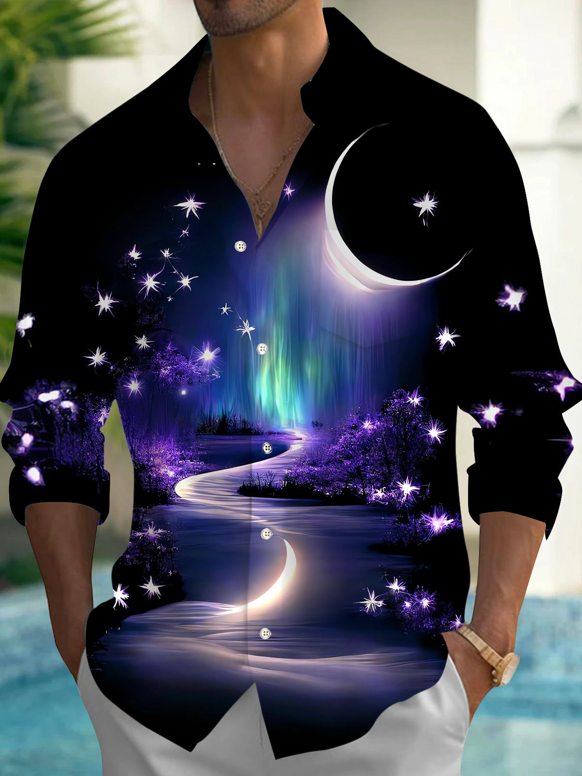 Starry Moon Landscape Men's Pocket Long Sleeve Shirts