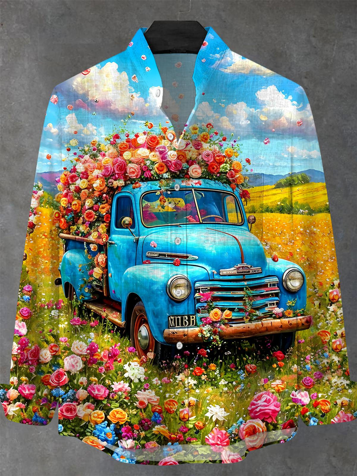 Flower Car Men's Pocket Long Sleeve Stand Collar Shirts