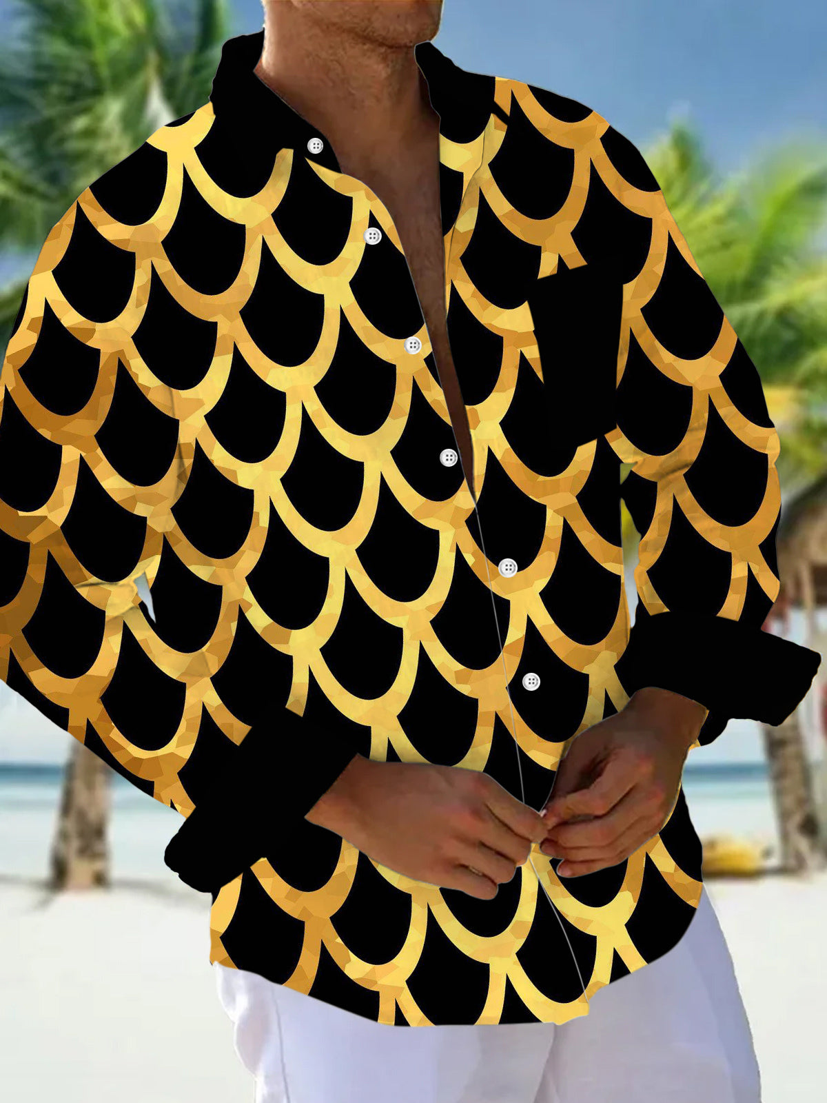 Fish Scale Men's Pocket Long Sleeve Shirts