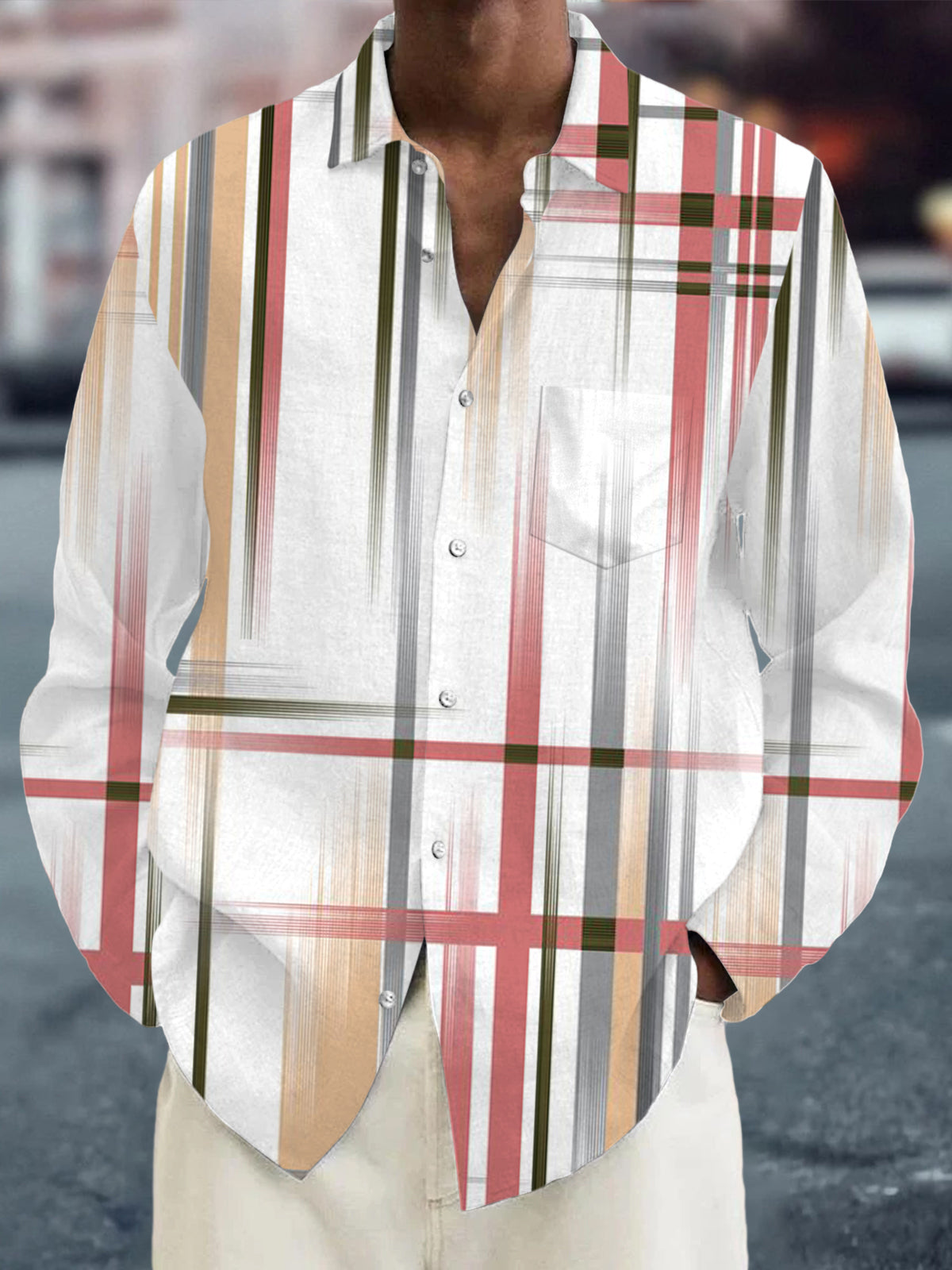 Langärmlige Herrenhemden mit geometrischem Druck und Tasche