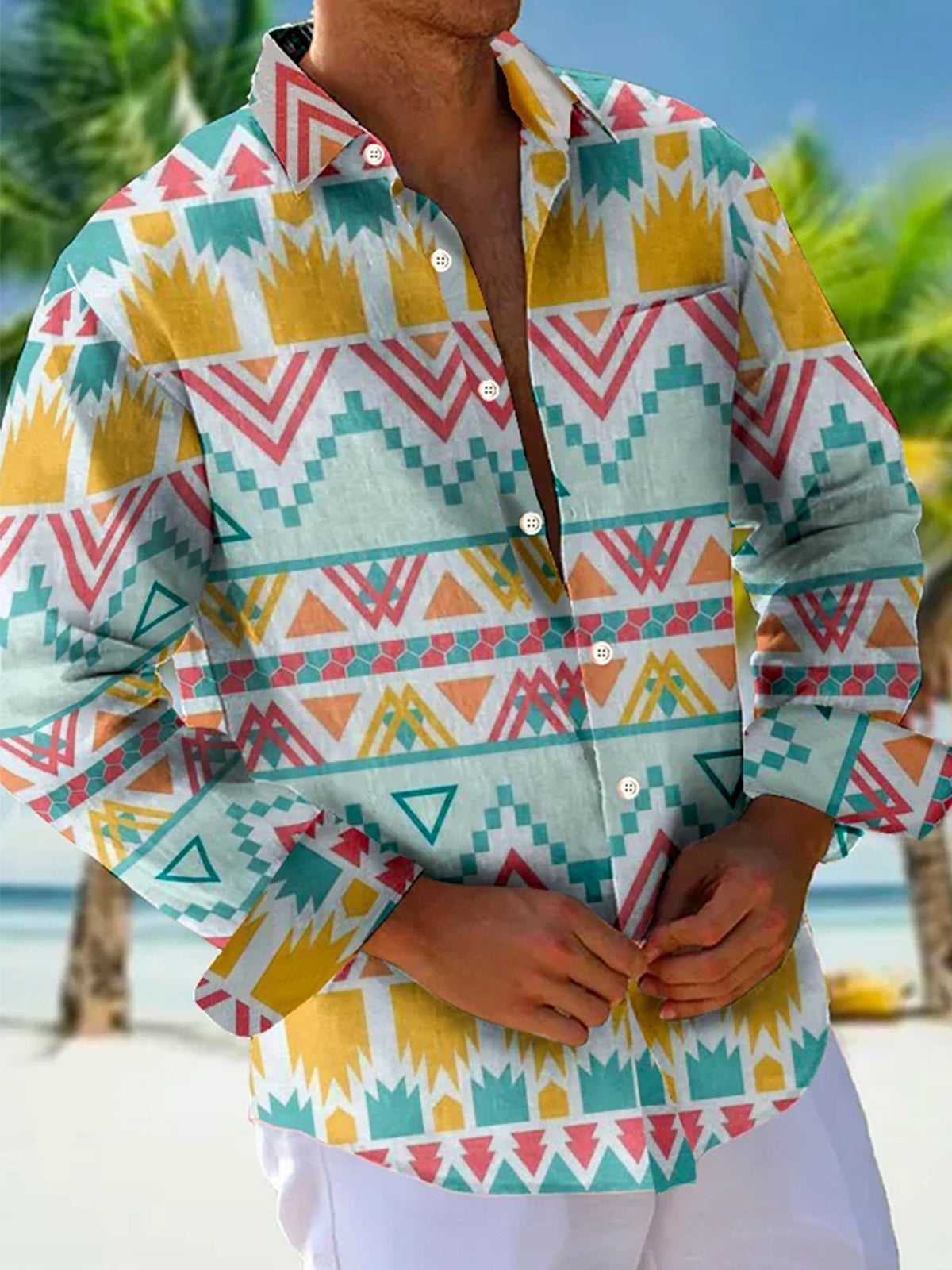 Herrenhemd mit Revers und langen Ärmeln und kontrastierendem Ethno-Print