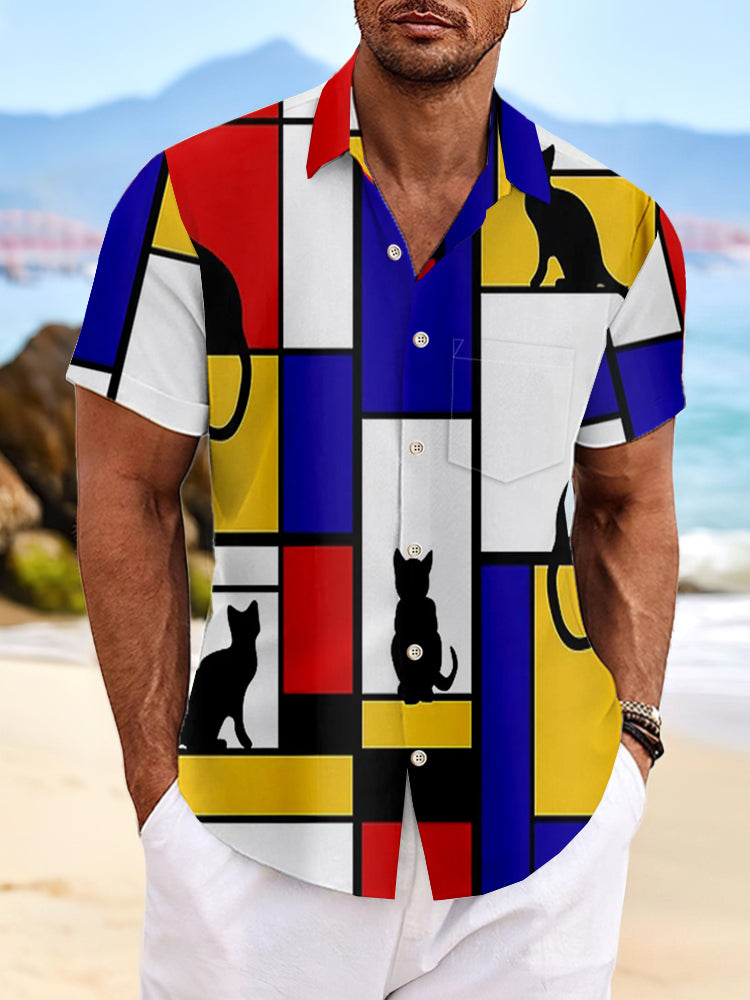 Geometric Cat Short Sleeve Men's Shirts With Pocket