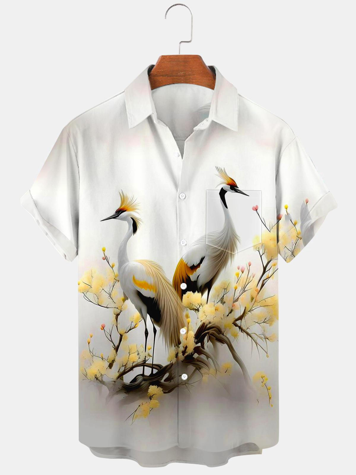 Weiße Kranich Blume Herren Hemden mit Tasche