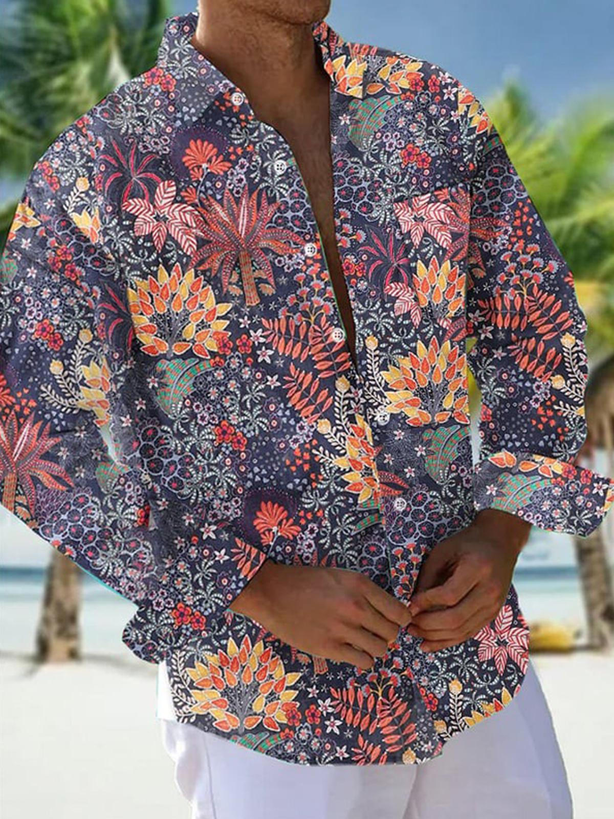 Langärmlige Herrenhemden mit Vintage-Blumendruck und Tasche