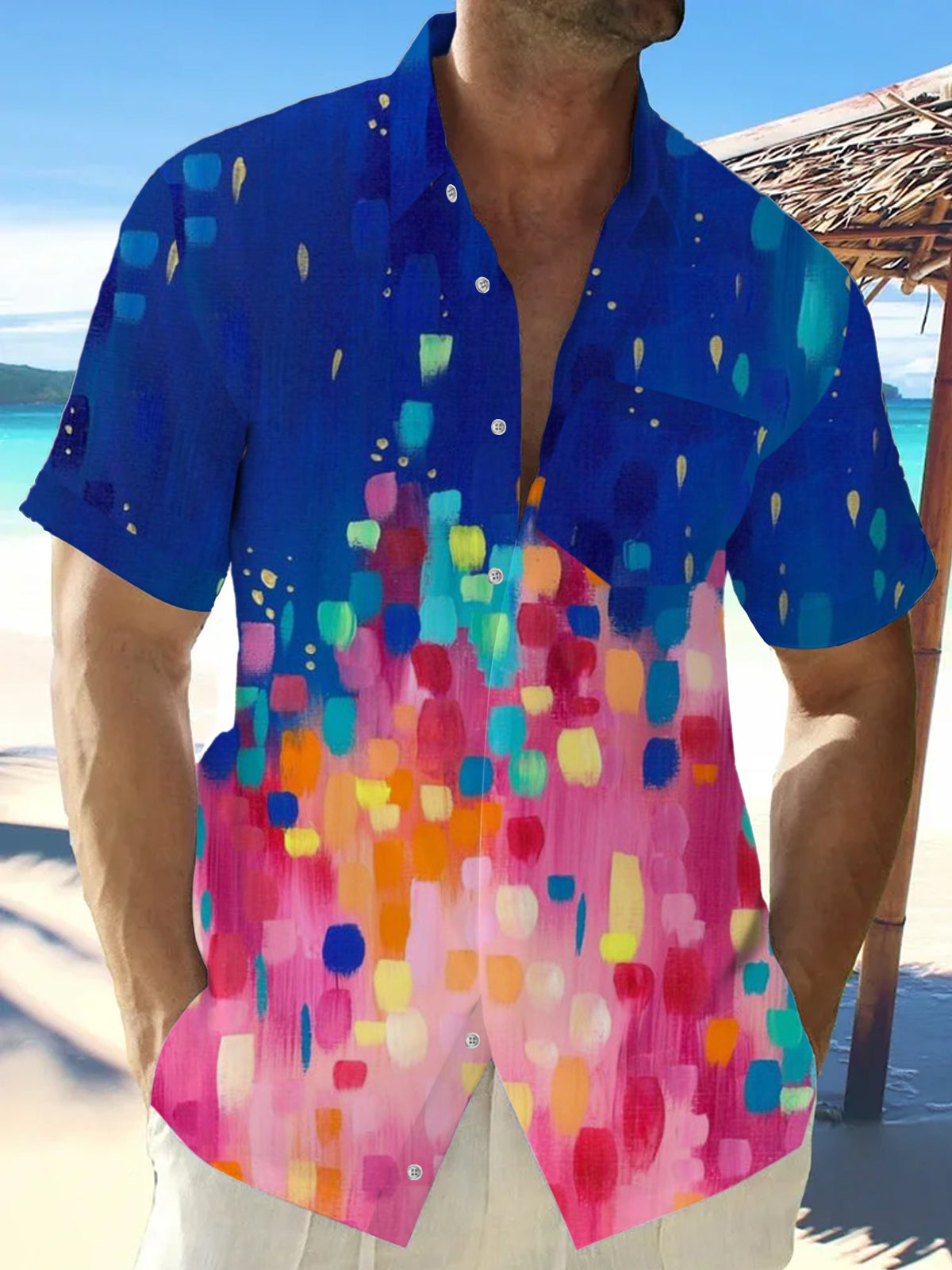 Kurzärmlige Herrenhemden mit geometrischem Druck und Tasche