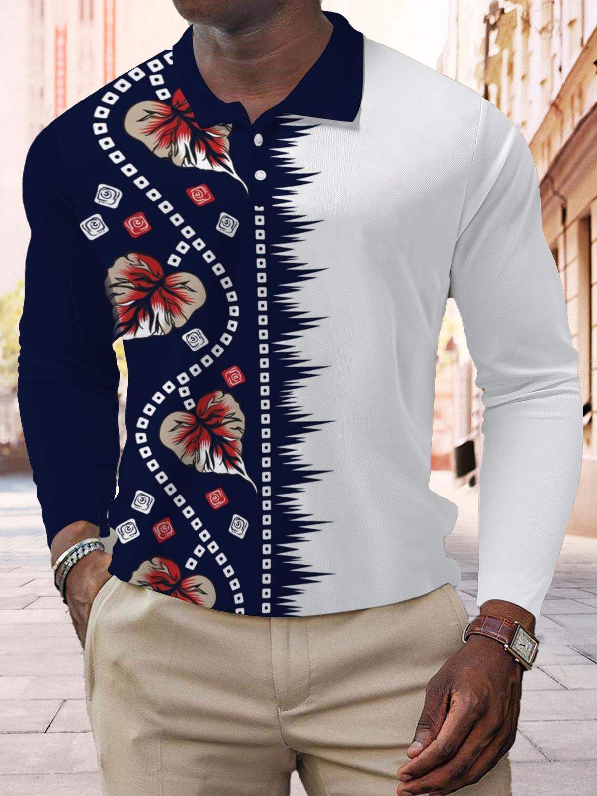 Langärmliges Poloshirt mit Knopfleiste und botanischem geometrischem Kontrastdruck für Herren