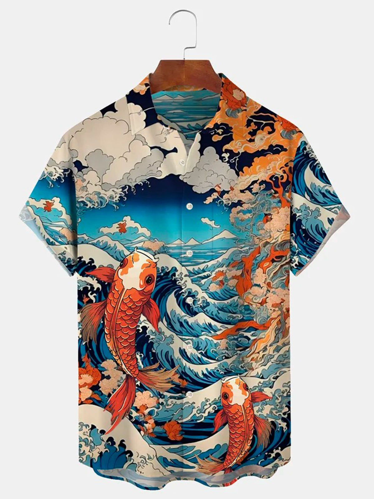 Kurzärmelige Herrenhemden mit Vintage-Ukiyoe-Koi-Print und Tasche