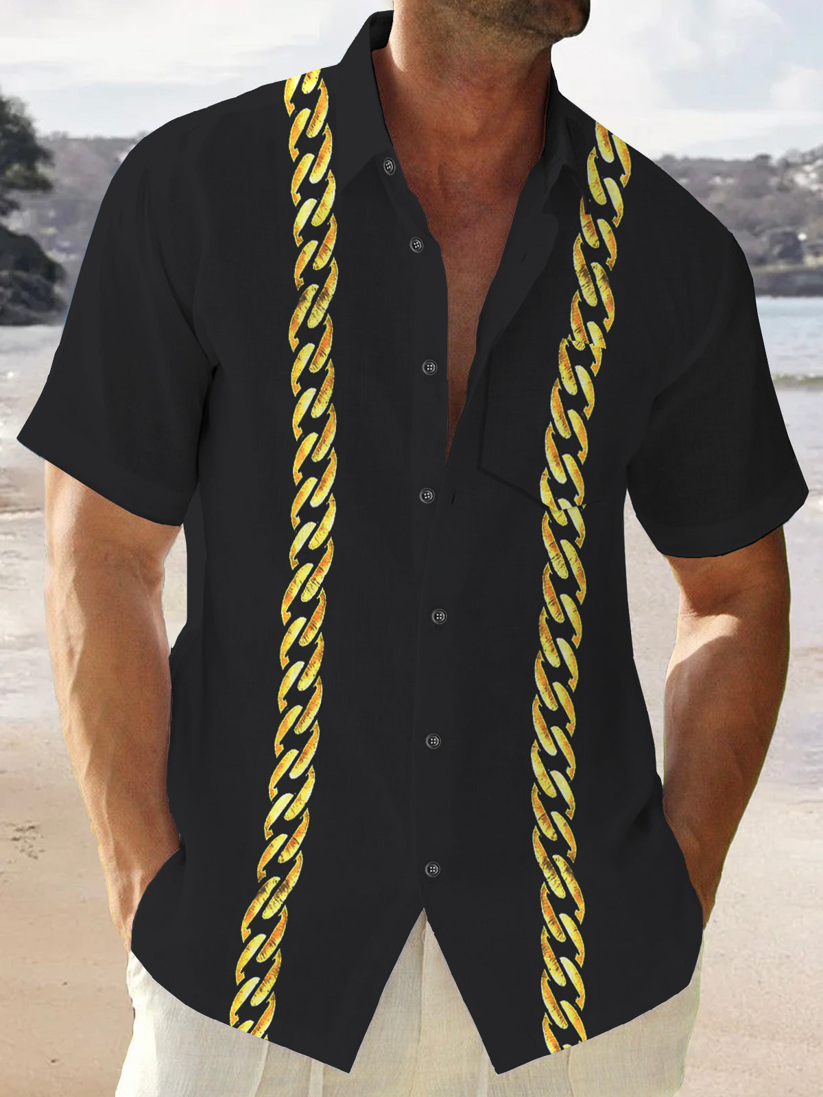 Vintage Bowling Casual Kurzarm Herrenhemden mit Tasche