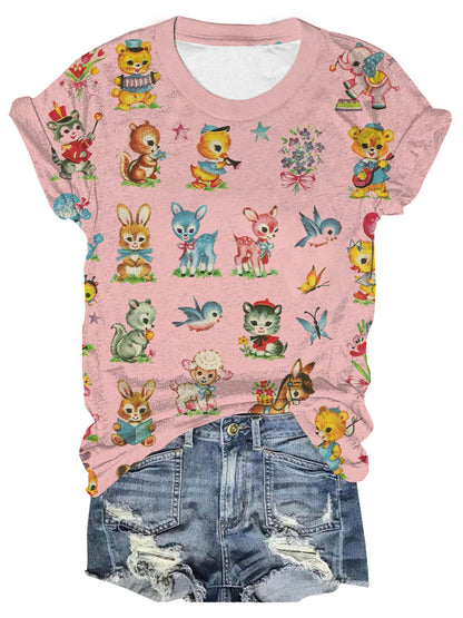 Women's Baby animals Vintage Multi-Color Print T-Shirt
