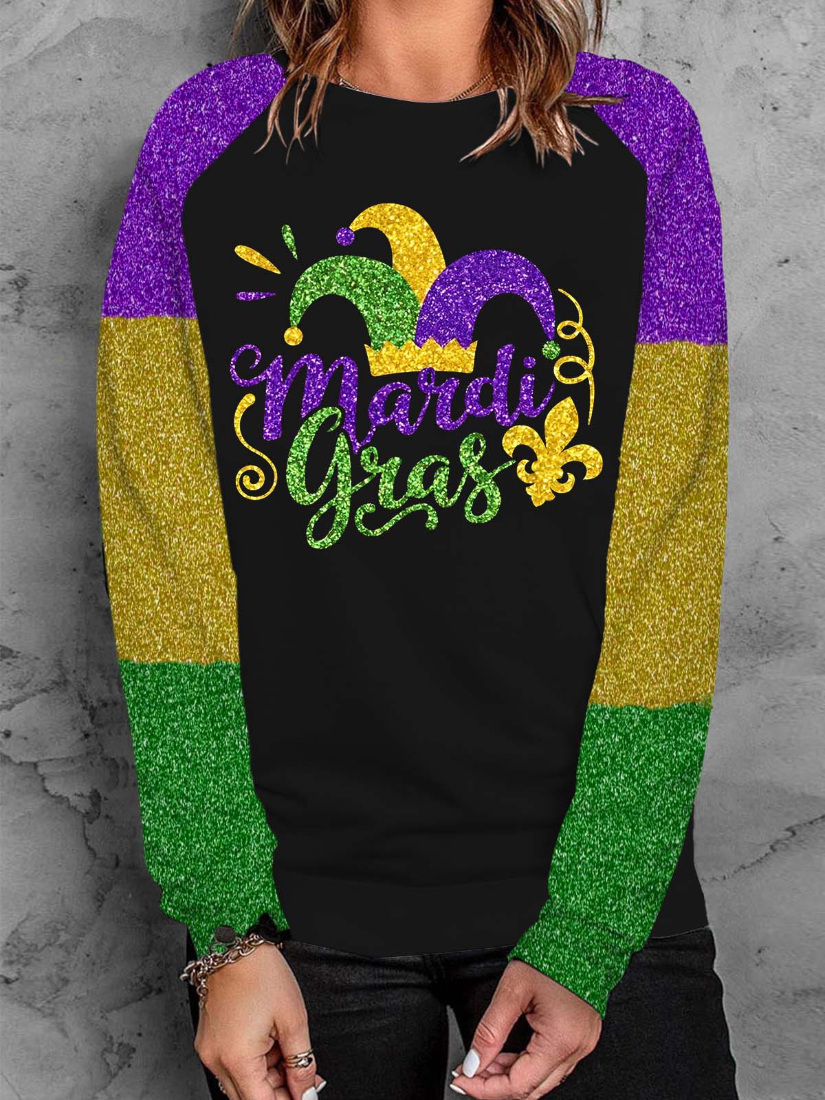 Happy Mardi Gras Print Long Sleeve Top