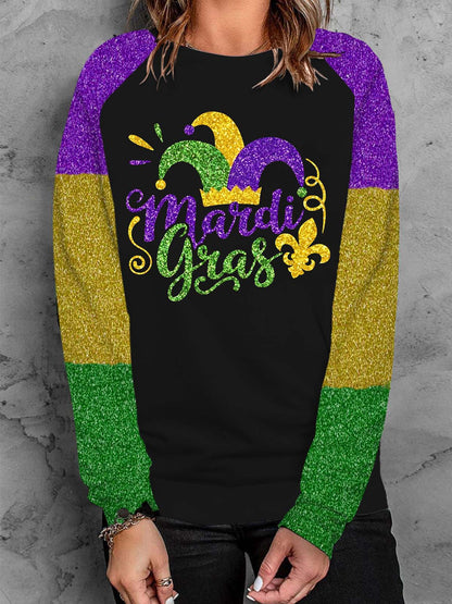 Happy Mardi Gras Print Long Sleeve Top