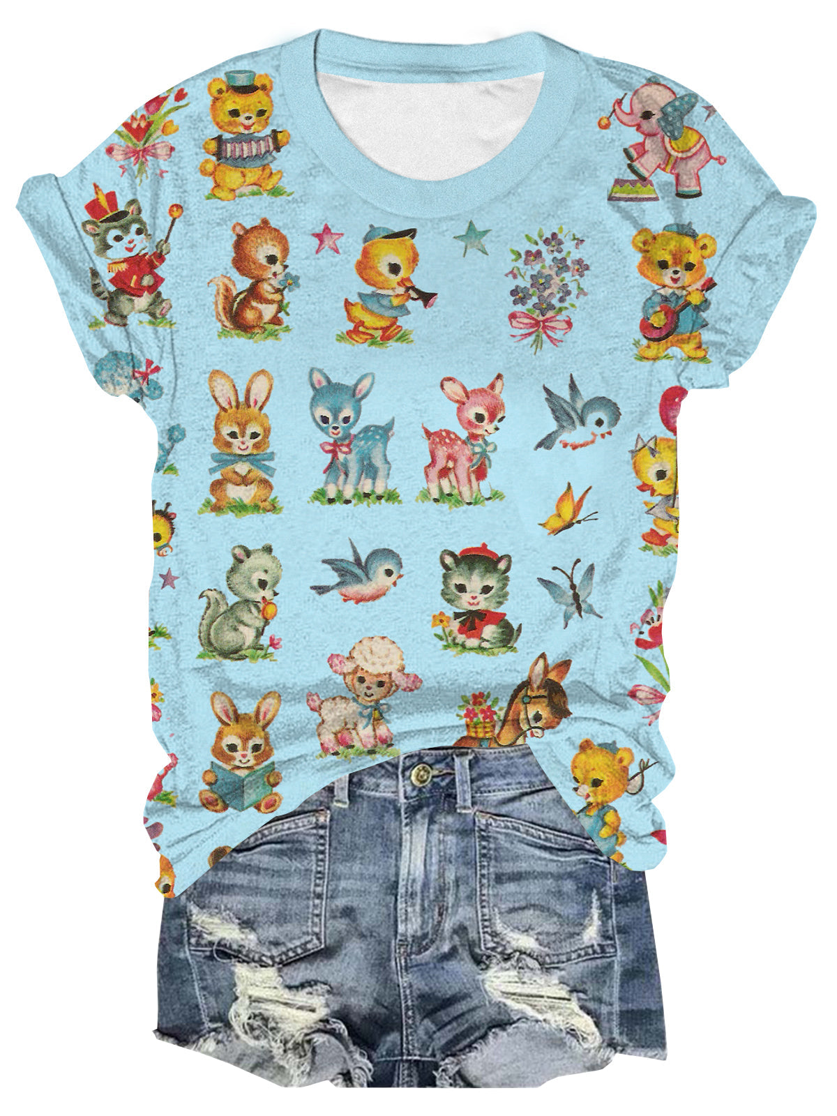 Women's Baby animals Vintage Multi-Color Print T-Shirt