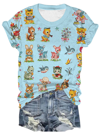 Women's Baby animals Vintage Multi-Color Print T-Shirt