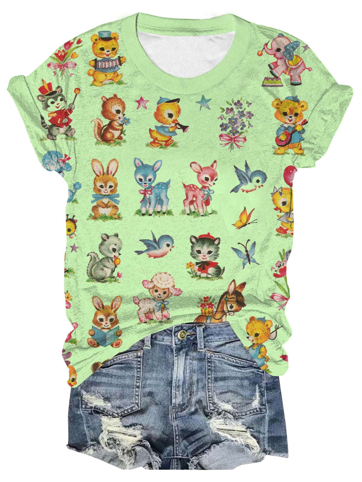 Women's Baby animals Vintage Multi-Color Print T-Shirt