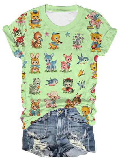Women's Baby animals Vintage Multi-Color Print T-Shirt