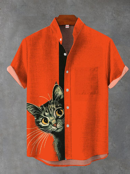 Orange-Red Cute Curious Kitten Printing Breast Pocket Cotton Linen Short Sleeve Shirt