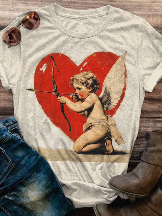 Vintage Love Cupid Art Print Casaul Short Sleeve T-shirt