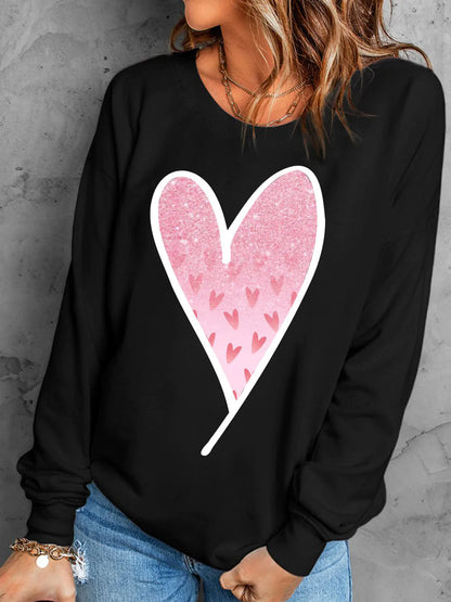 Pink Heart Pattern Round Neck Straight Casual Sweatshirt