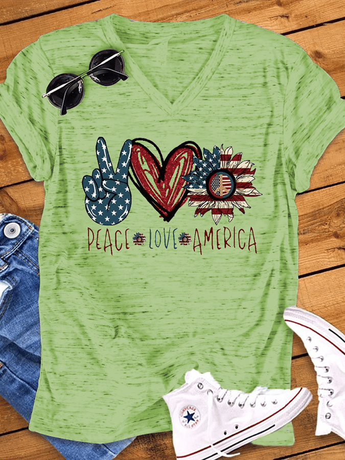 Women's V-neck PEACE LOVE AMERICAN Flag Printed Short Sleeve T-shirt