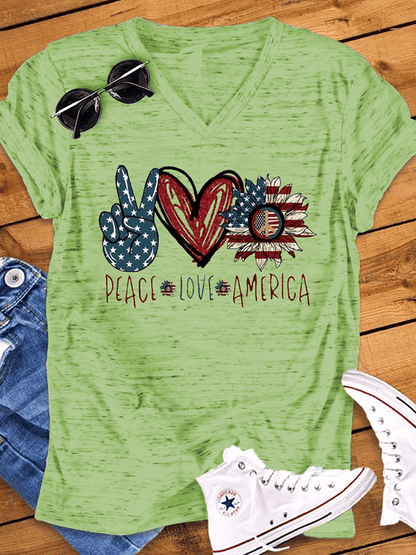 Women's V-neck PEACE LOVE AMERICAN Flag Printed Short Sleeve T-shirt