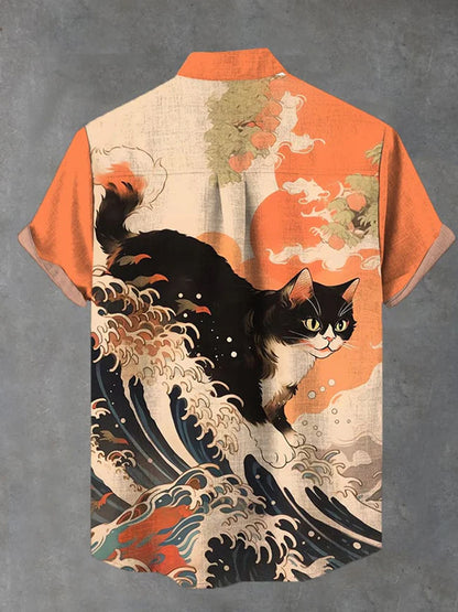 Ukiyo-E Japanese Style Waves And Huge Black Cat Printing Cotton Linen Short Sleeve Shirt
