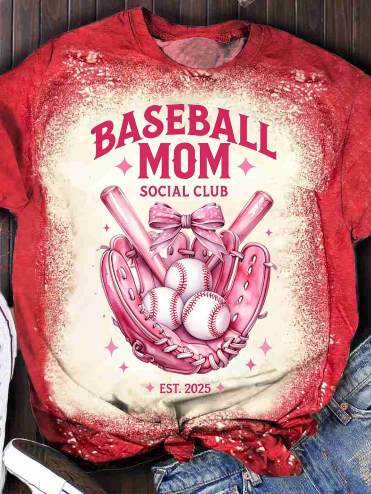 Women's Baseball Mom Print Crew Neck T-shirt