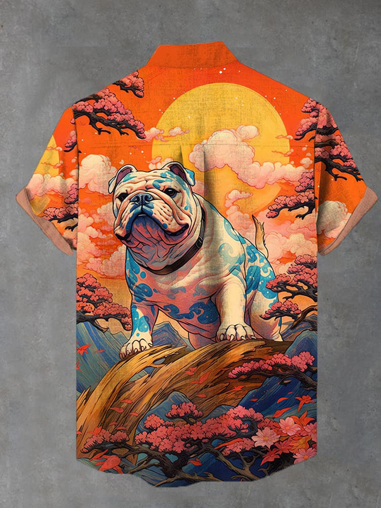 Ukiyo-e Bulldog Behemoth Printing Cotton Linen Short Sleeve Shirt