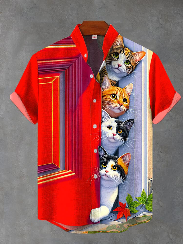 Cute Cats Behind The Red Door Printing Cotton Linen Short Sleeve Shirt