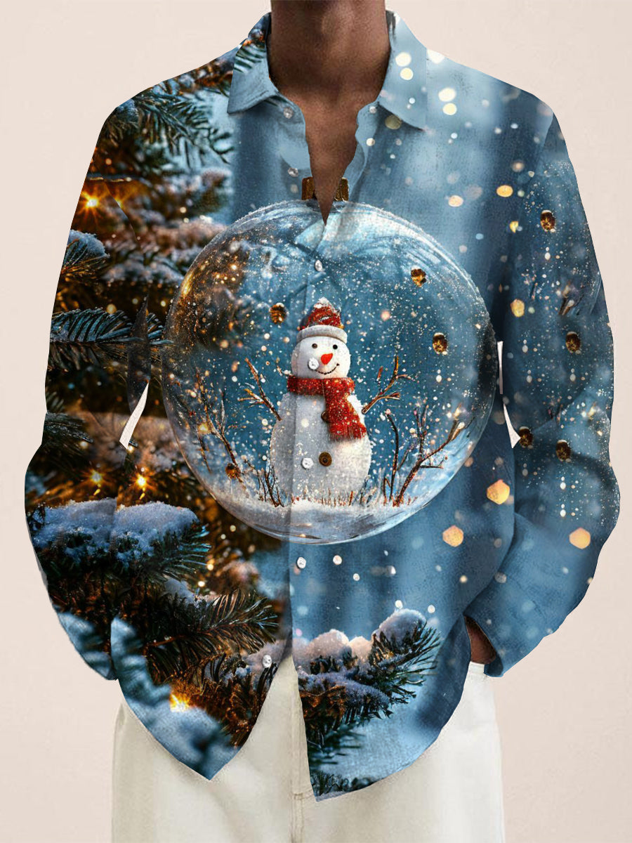 Christmas Snowman Crystal Ball Vintage Stripe Print Long Sleeve Shirt